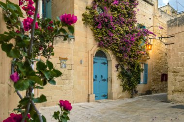 Mdina, Malta: geleneksel Malta kireçtaşı ev ile parlak mor çiçekler