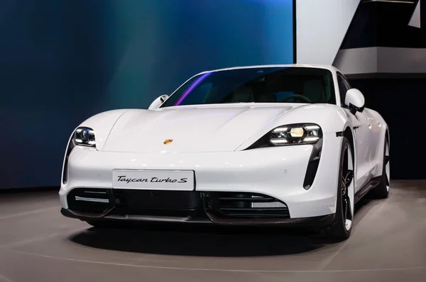 White Porsche Taycan Turbo S: the first electric sports car from Porsche presented at IAA 2019 — Stock Photo, Image