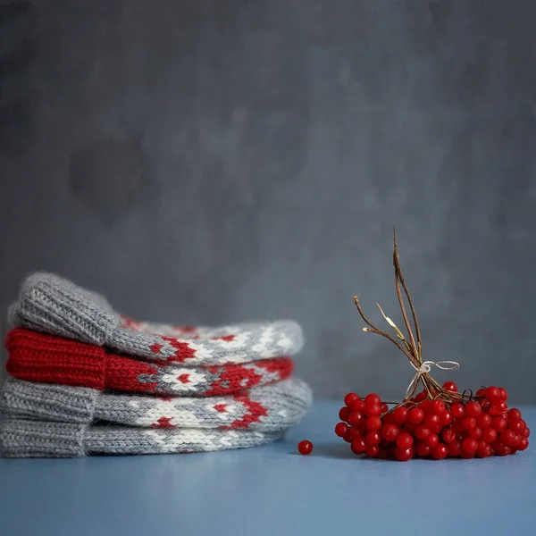 Cuatro sombreros de invierno de punto con bayas rojas —  Fotos de Stock