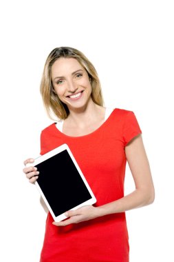 Muhteşem bir kadın tutarak tablet 