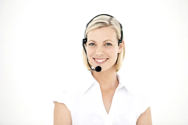 Krásné Blond Vlasy Zástupce Oddělení Služeb Zákazníkům Portrét Mikrofonem Izolované — Stock fotografie