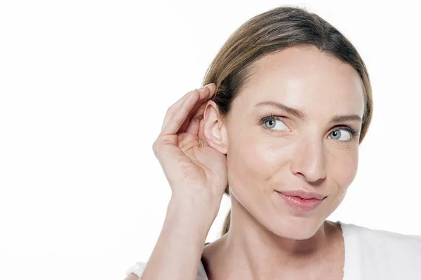 Luisteren Naar Klinkt Vrouw Met Hand Buurt Van Oor Close — Stockfoto