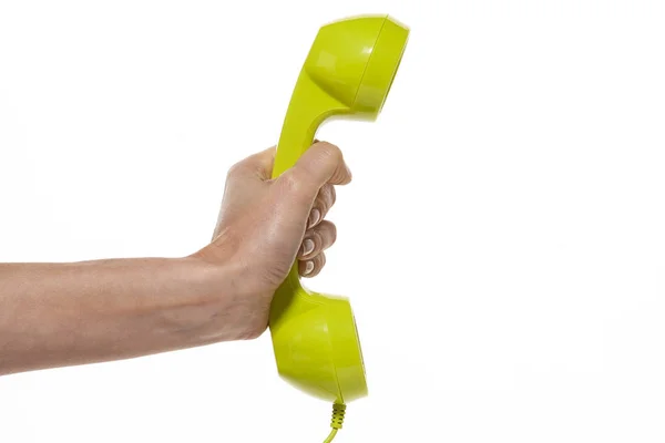 Hand Holding Vintage Green Landline Phone Isolated White — Stock Photo, Image