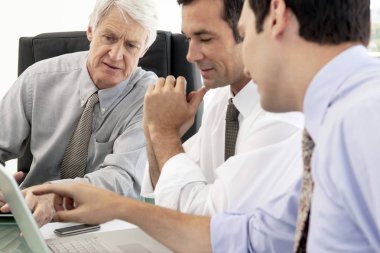 bir toplantıda iş adamları - kurumsal yöneticiler birlikte dizüstü bilgisayar bakıyor