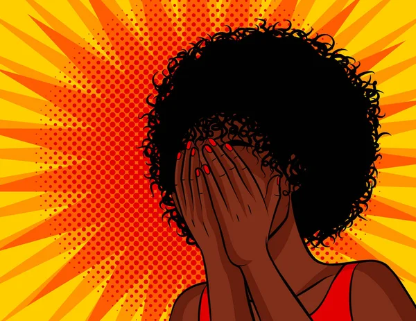 漫画流行艺术风格中的彩色矢量插图 那个皮肤黝黑的女人用手捂住脸 非裔美国女人很害怕 女人在恐慌中 黑人女人又害怕又难过 — 图库矢量图片