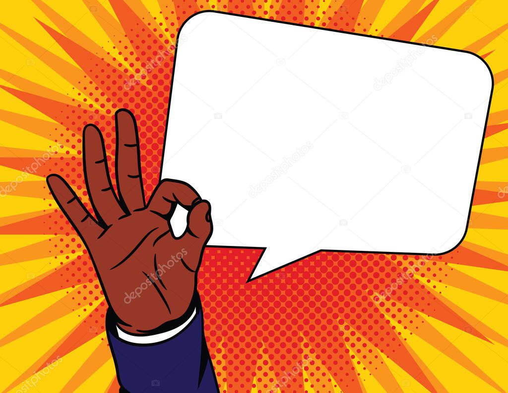 Colored vector illustration in pop art comic style.  Male hand with an approved sign. African American man shows his agreement with a gesture. 