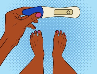 Renkli vektör illüstrasyon pop sanat çizgi stili. Bir kız hamilelik testi yapar. Pozitif hamilelik testi olan Afrikalı Amerikalı bir kız. Kadın eli teste girer. Annelik hakkında tasarım pankartı