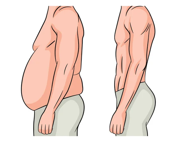在白色背景上孤立的彩色矢量图解 男人在减肥之前和之后 男性的身体改变 这个男人体重减轻了 腰部也瘦了 — 图库矢量图片