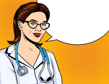 Pop sanat tarzında renk vektör çizimi. Doktor kadın gülümsüyor. Boynunda steteskop olan beyaz önlüklü bir doktor. Sarı yarım ton noktalı arka planda üniformalı bir doktor.
