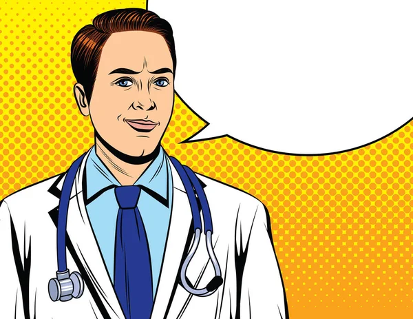 Kleur Vector Illustratie Pop Art Comic Stijl Dokter Glimlachend Een — Stockvector