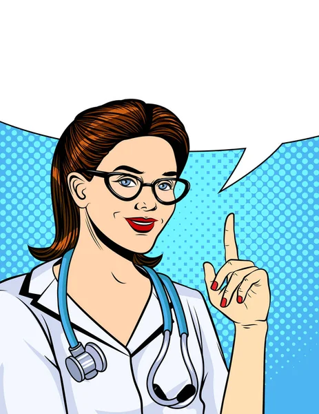 Vektor Färg Illustration Popkonst Komisk Stil Sjuksköterskan Pekar Uppåt Doktorkvinna — Stock vektor