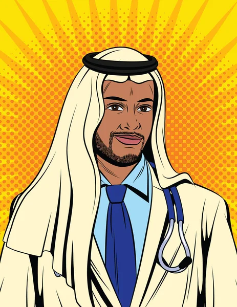 Kleur Vector Illustratie Pop Art Stijl Een Mannelijke Moslimdokter Met — Stockvector