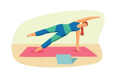 Beyaz arkaplanda izole edilmiş düz stil renk vektör illüstrasyonu. Yoga stüdyosu için şablon. Kız minderde yoga yapıyor. Evde online egzersiz yapan genç bir kadın.