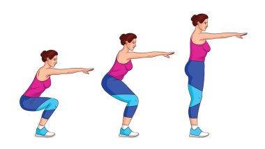Beyaz arkaplanda izole edilmiş renk vektör çizimi. Yan gören kız kendi ağırlığıyla antrenman yapıyor. Spor giyim sektöründe çekici bir kız egzersiz yapıyor. Animasyon kızları için hazırlan.