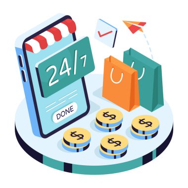 Mobil alışverişin Isometric tasarım illüstrasyonu