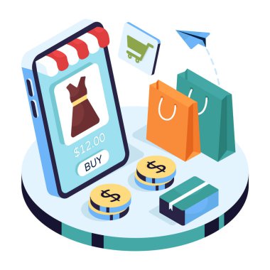 İnternetten elbise satın almanın Isometric tasarım çizimi