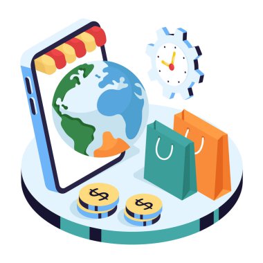 Küresel alışverişin kavramsal izometrik tasarım çizimi