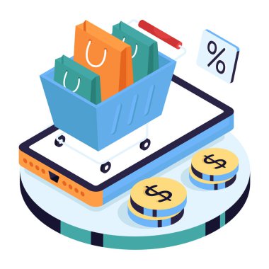 Mobil alışverişin Isometric tasarım illüstrasyonu
