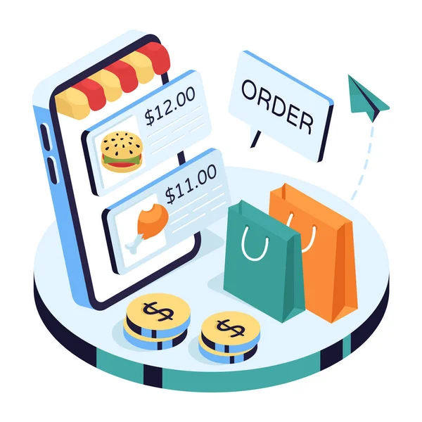 Mobil yemek siparişinin kavramsal izometrik tasarım çizimi