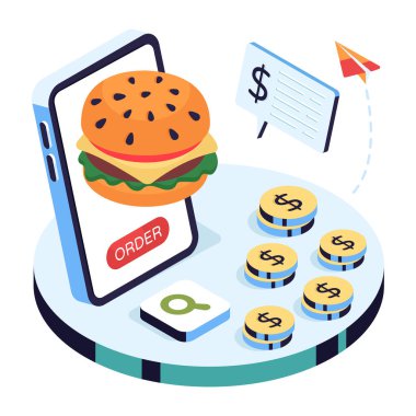 Mobil burger siparişinin kavramsal izometrik tasarım çizimi