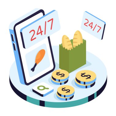 7 / 24 yemek servisinin renkli tasarım çizimi