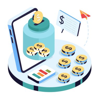 Dolar içerisindeki cam şişe, para kavanozunun izometrik tasarımı.