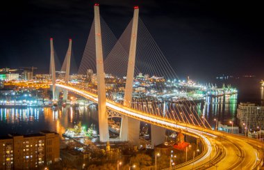 Gece Vladivostok (altın köprü görünümünü fotoğrafı)