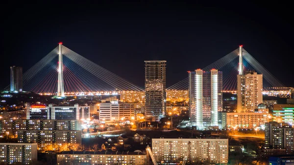 Foto Noche Vladivostok Vista Los Puentes Rusos — Foto de Stock