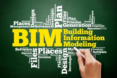 BIM - building information modeling word cloud, business concept on blackboard clipart