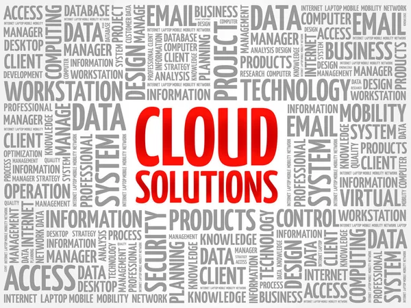 Cloud Solutions Collage Palabra Nube Fondo Concepto Negocio Tecnología — Vector de stock