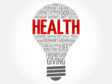 Sağlık ampul kelime bulutu kavramı kolaj