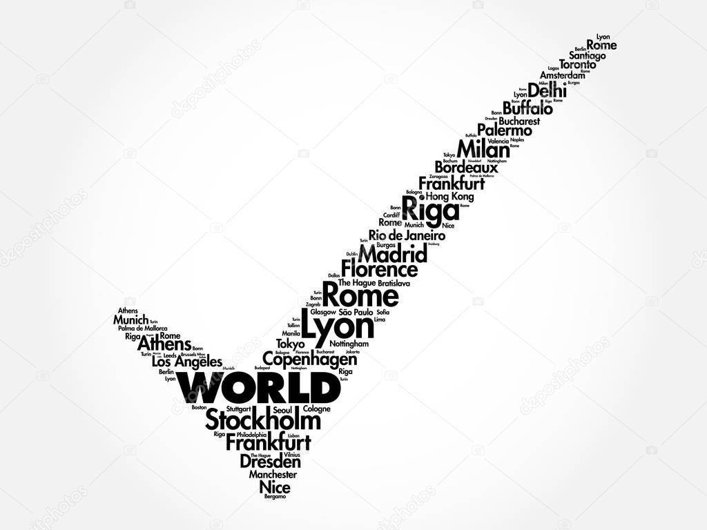 WORLD check mark word cloud concept made with words cities names, business concept background