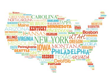 ABD harita kelime bulutu kolaj en önemli şehirler