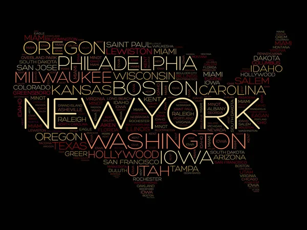 Usa Map Word Cloud Collage Most Important Cities — Stock Vector