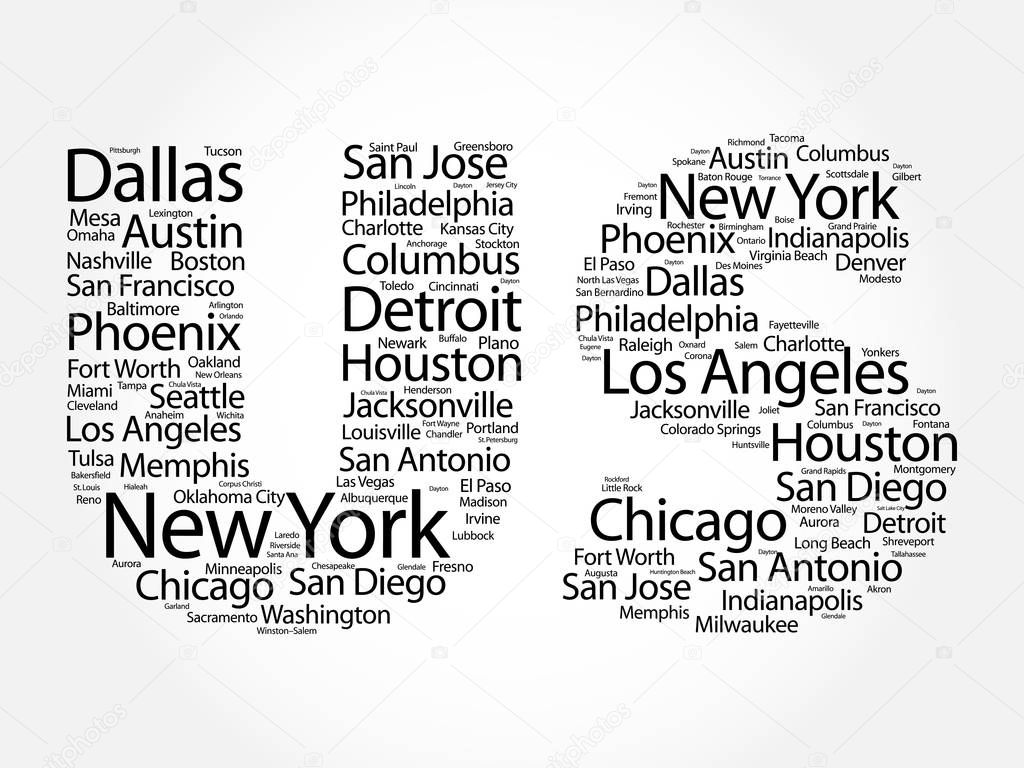 US letters with cities names words cloud, concept background