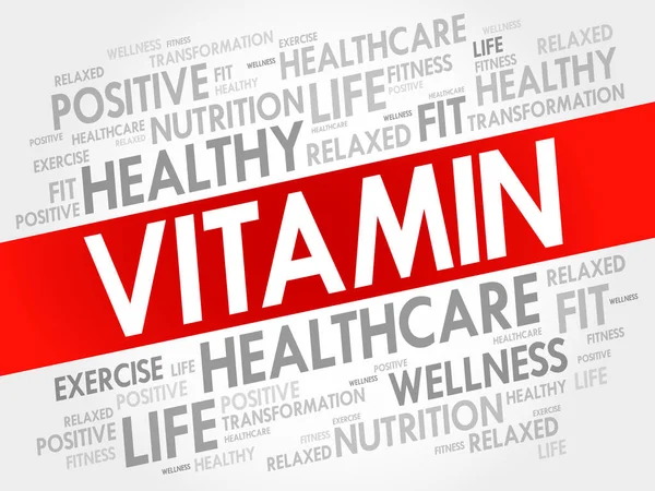 Vitamin Λέξη Cloud Κολάζ Υγεία Έννοια Υπόβαθρο — Διανυσματικό Αρχείο