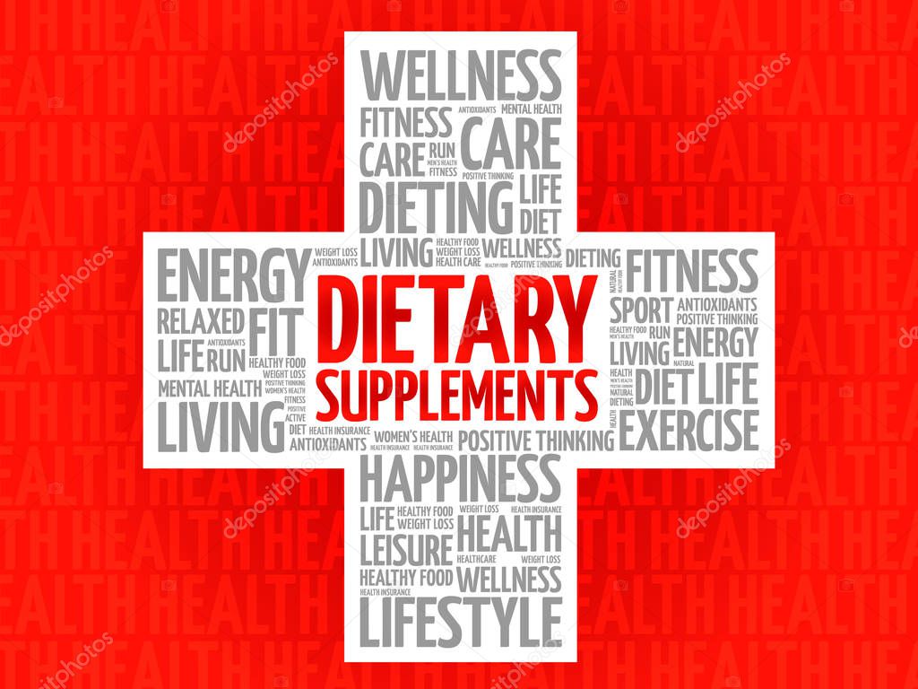 Dietary Supplements word cloud, health cross concept background