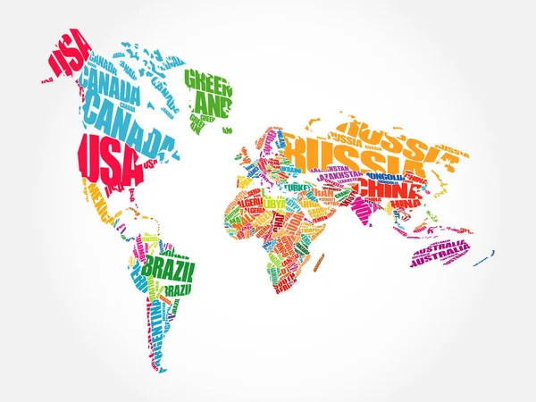 World Map Typography Word Cloud Concept Names Countries — Stock Vector