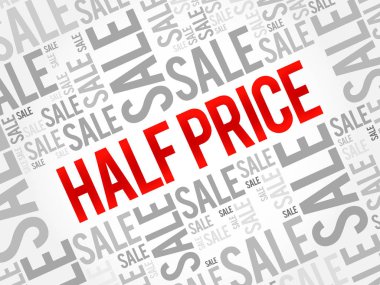 Yarı fiyat kelime bulutu arka plan, iş kavramı