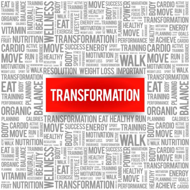 TRANSformasyon kelime bulut, fitness, spor, sağlık konsepti