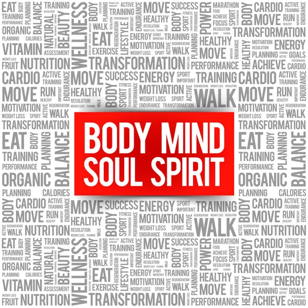 Body Mind Soul Spirit Word Cloud Collage Health Concept Background — Stock Vector