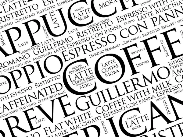 Elenco Delle Bevande Caffè Parole Collage Nuvola Sfondo Poster — Vettoriale Stock