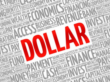 Doları kelime bulutu kolaj, iş kavramı arka plan