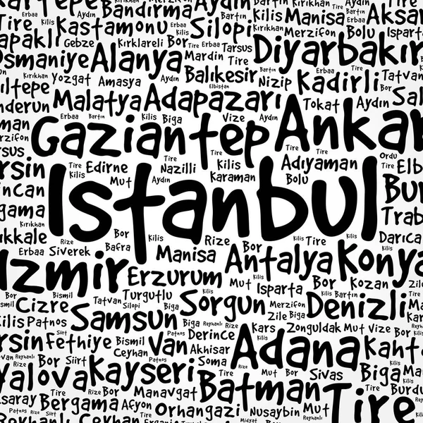 Seznam Měst Turecku Slovo Oblačnost Koncept Pozadí — Stockový vektor