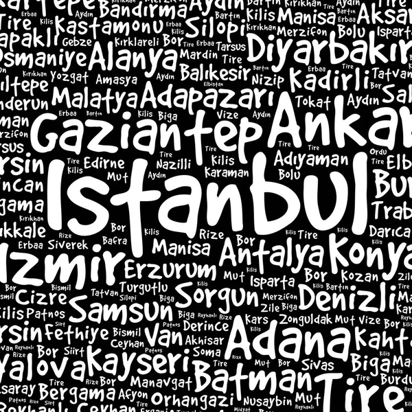 Seznam Měst Turecku Slovo Oblačnost Koncept Pozadí — Stockový vektor