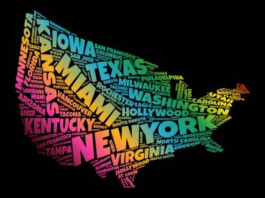 ABD harita kelime bulutu kolaj en önemli şehirler