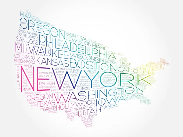Usa Map Word Cloud Collage Most Important Cities — Stock Vector