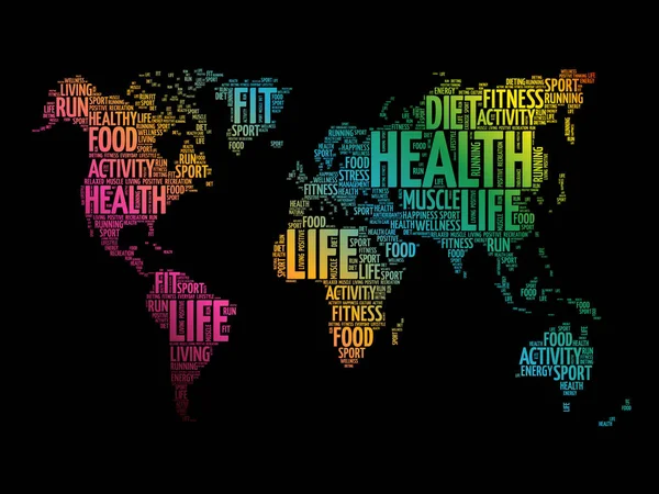 Health Life World Map Typography Sport Health Fitness Word Cloud — Stock Vector