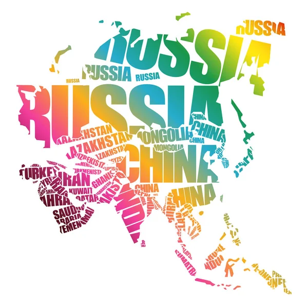 Asia Map Typography Word Cloud Concept Names Countries — Stock Vector