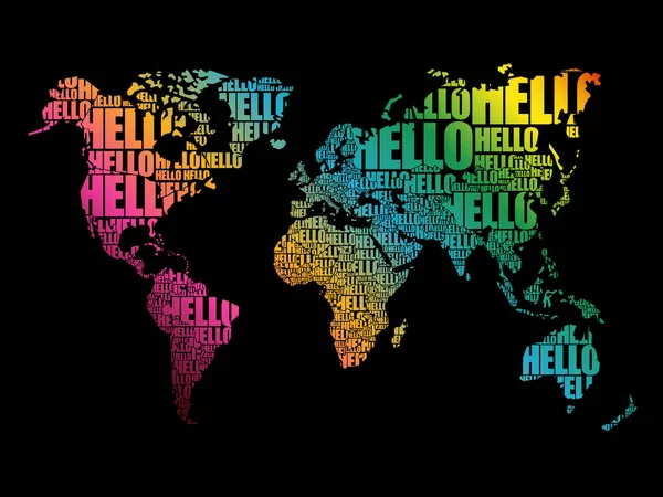 Hello Word Cloud Mapa Del Mundo Tipografía Concepto Fondo — Vector de stock